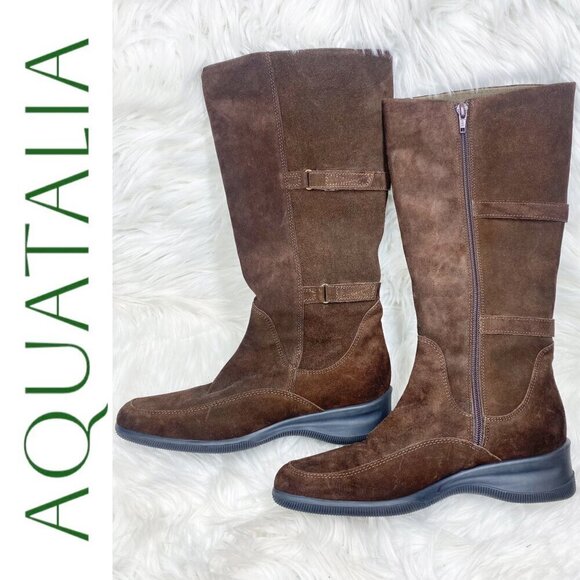 AQUATALIA SUEDE LEATHER KNEE BOOTS LOW WEDGE CHOCOLATE BROWN, Size 38 - Picture 2 of 14